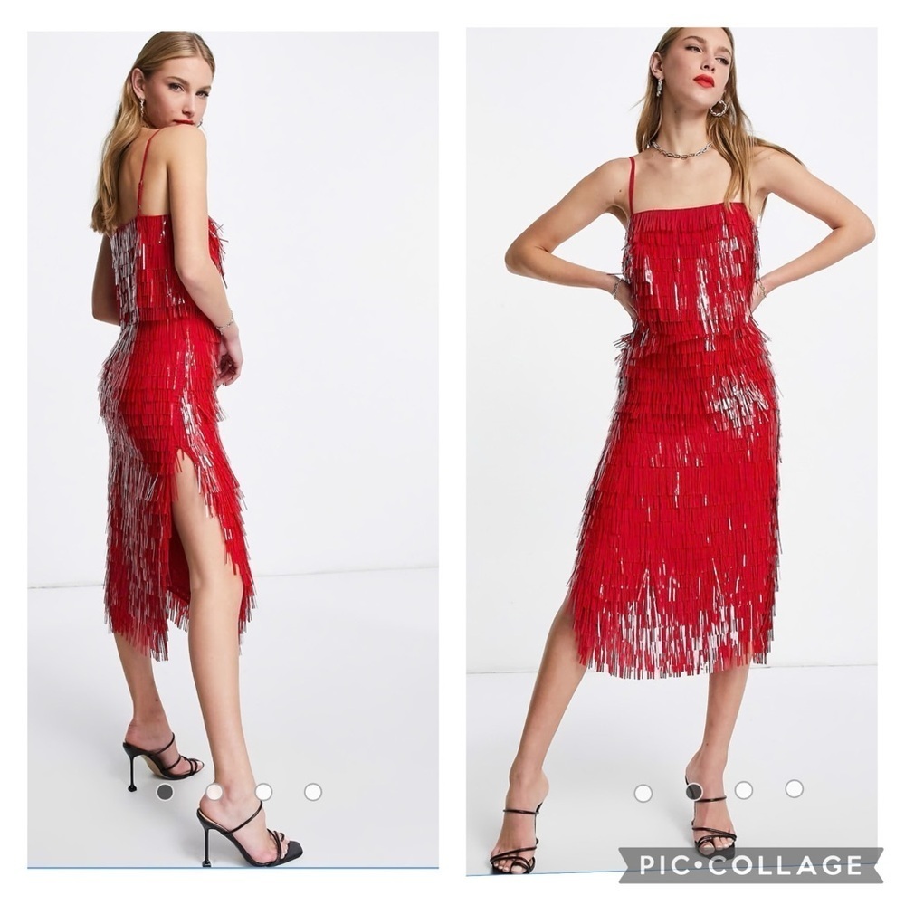 ASOS DESIGN shard detail midi dress with sheer waist detail/ red size US 12 NWT